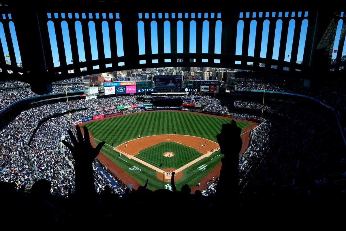 A wide view of the field at Yankee Stadium.