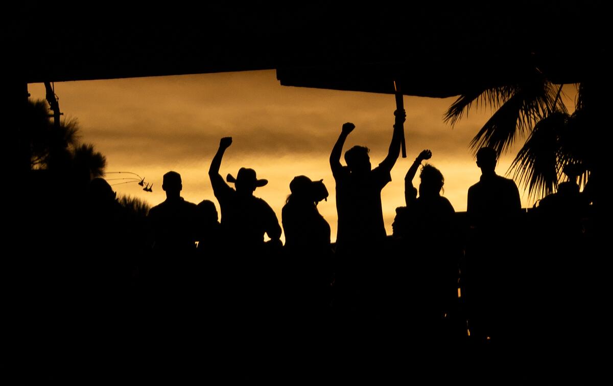 Cheering fans are silhouetted against a sunset sky.