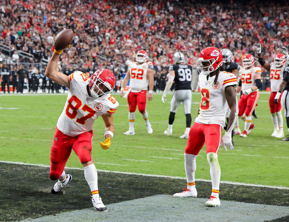 Kelce spikes the ball after Sunday's score. (Ethan Miller/Getty Images)
