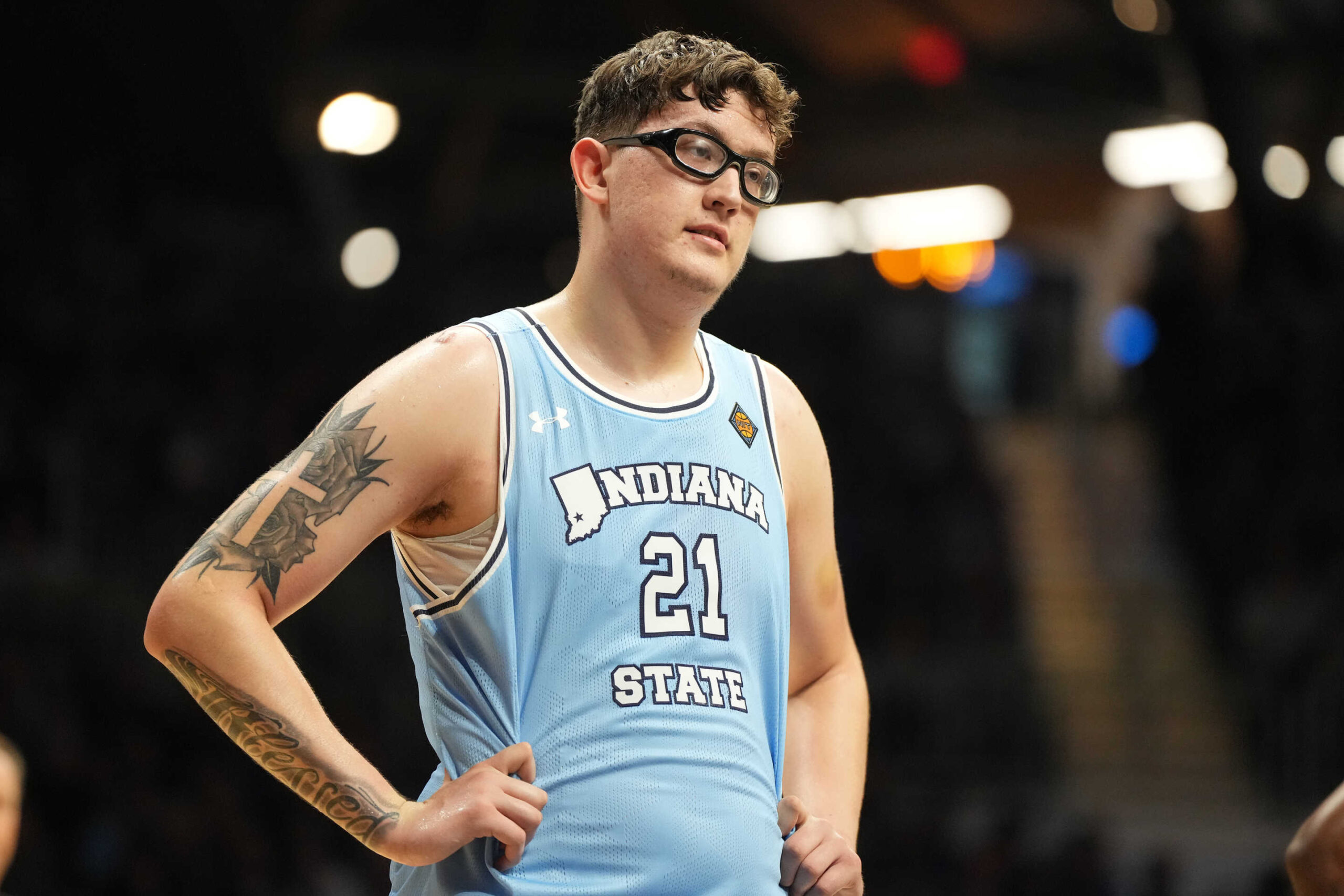 INDIANAPOLIS, INDIANA - APRIL 04: Robbie Avila #21 of the Indiana State Sycamores looks on during the NIT Final college basketball game against the against the Seton Hall Pirates at Hinkle Fieldhouse on April 4, 2024 in Indianapolis, Indiana (Photo by Mitchell Layton/Getty Images)