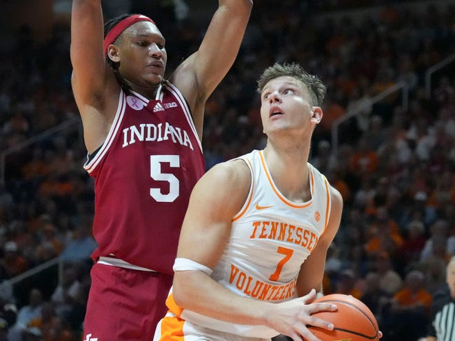 Tennessee forward Igor Miličić Jr. (7) looks for an open basket while guarded by Indiana forward Malik Reneau (5) during an exhibition college basketball game on Sunday, October 27, 2024, in Knoxville. Tenn.