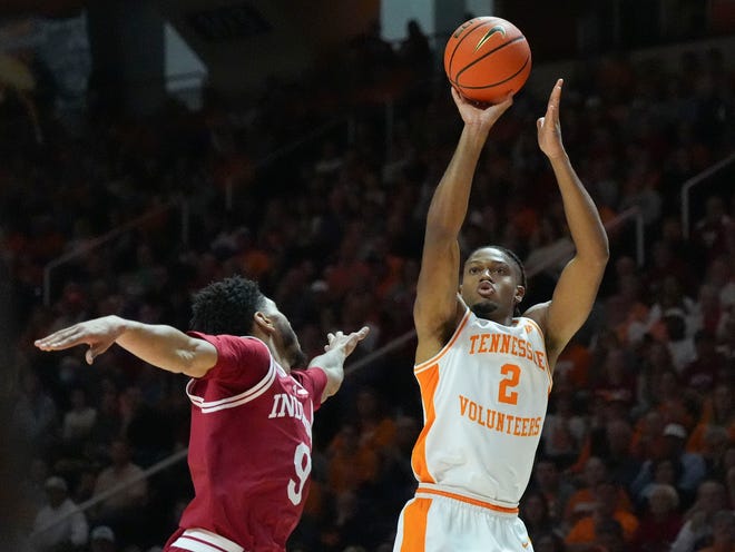 Tennessee guard Chaz Lanier (2) with the shot attempt during an exhibition college basketball game on Sunday, October 27, 2024, in Knoxville. Tenn.