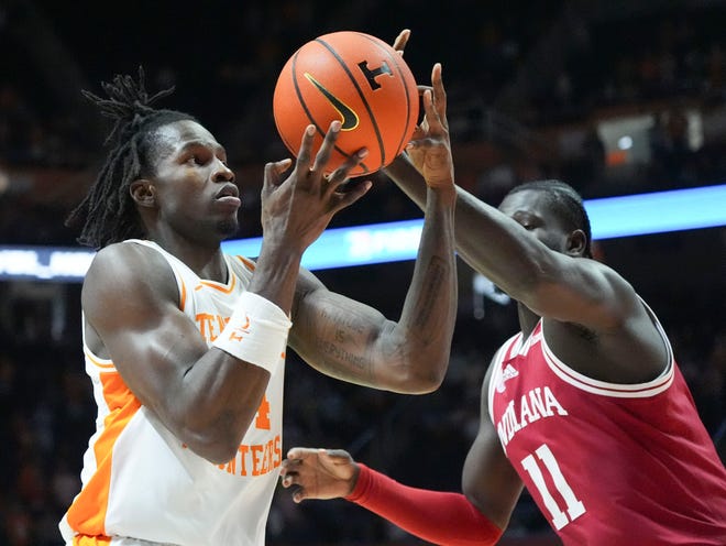 Tennessee forward Felix Okpara (34) tries to keep the ball from Indiana guard Oumar Ballo (11) in an exhibition college basketball game on Sunday, October 27, 2024, in Knoxville. Tenn.