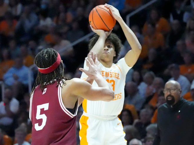 Tennessee guard Cameron Carr (43) with the shot attempt during a college basketball exhibition game against Indiana on Sunday, October 27, 2024, in Knoxville. Tenn.