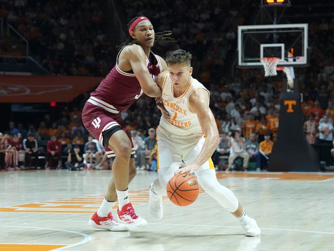 Tennessee forward Igor Miličić Jr. (7) is guarded Indiana guard Michael Shipp (5) during a college basketball exhibition game on Sunday, October 27, 2024, in Knoxville. Tenn.