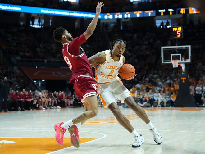 Tennessee guard Chaz Lanier (2) tries to get past Indiana guard Kanaan Carlyle (9) during a college basketball exhibition game on Sunday, October 27, 2024, in Knoxville. Tenn.