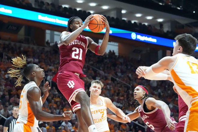 Indiana forward Mackenzie Mgbako (21) gets the reboudn during a college basketball exhibition game against Tennessee on Sunday, October 27, 2024, in Knoxville. Tenn.