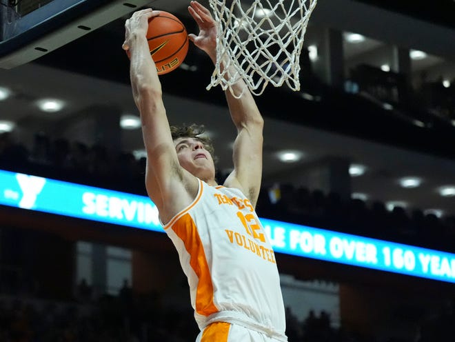 Tennessee forward Cade Phillips (12) scores during a college basketball exhibition game against Indiana on Sunday, October 27, 2024, in Knoxville. Tenn.