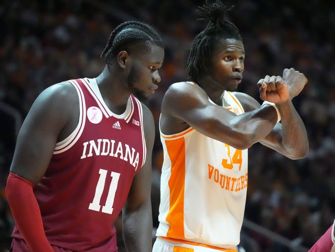 Tennessee forward Felix Okpara (34) communicates with a teammate with Indiana center Oumar Ballo (11) during college basketball exhibition game on Sunday, October 27, 2024, in Knoxville. Tenn.