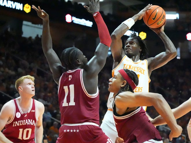 Tennessee forward Felix Okpara (34) attempts to score during a college basketball exhibition game against Indiana on Sunday, October 27, 2024, in Knoxville. Tenn.