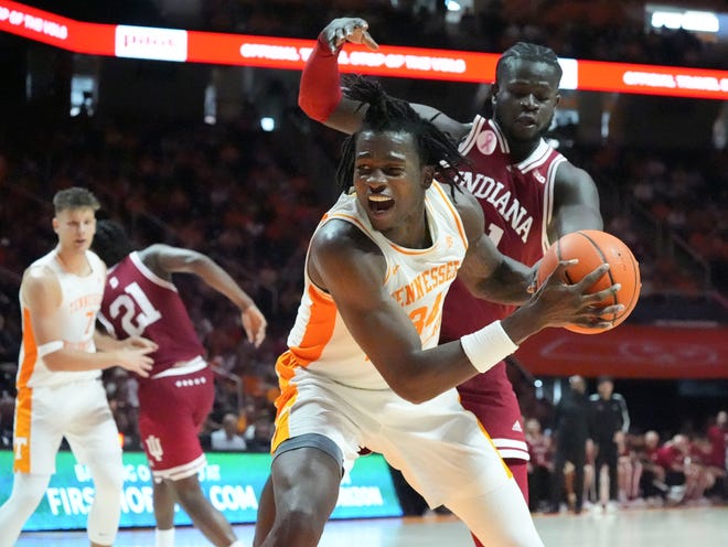 Tennessee forward Felix Okpara (34) tries to get to the basket during a college basketball exhibition game against Indiana on Sunday, October 27, 2024, in Knoxville. Tenn.