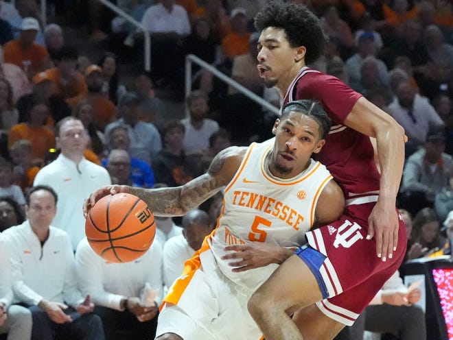 Tennessee guard Zakai Zeigler (5) tries to get past Indiana guard Myles Rice (1) during a college basketball exhibition game on Sunday, October 27, 2024, in Knoxville. Tenn.