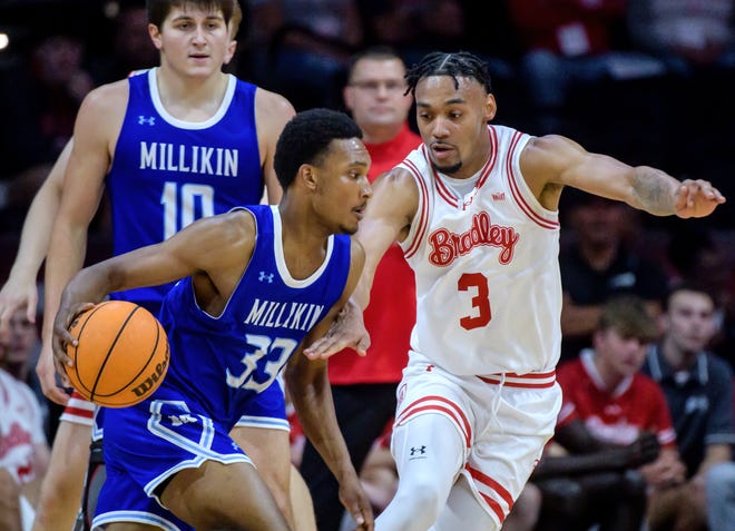 in the first half of their college basketball exhibition game Wednesday, Oct. 30, 2024 at the Peoria Civic Center. The Braves defeated the Big Blue 80-63.