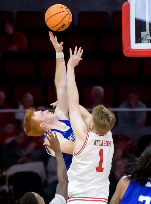 Bradley's Almar Atlason (1) defends against Millikin's Lane Thomann in the first half of their college basketball exhibition game Wednesday, Oct. 30, 2024 at the Peoria Civic Center. The Braves defeated the Big Blue 80-63.