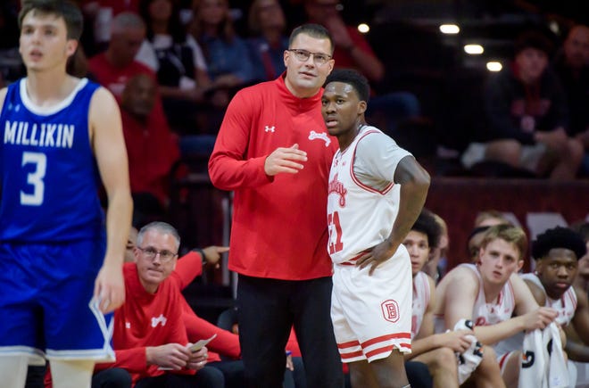 in the first half of their college basketball exhibition game Wednesday, Oct. 30, 2024 at the Peoria Civic Center. The Braves defeated the Big Blue 80-63.