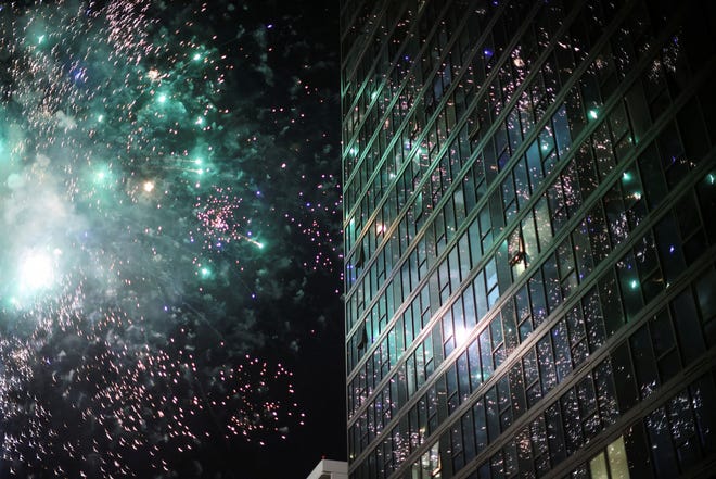 Dodgers fans set off fireworks in downtown Los Angeles to celebrate the Dodgers' victory in the World Series.