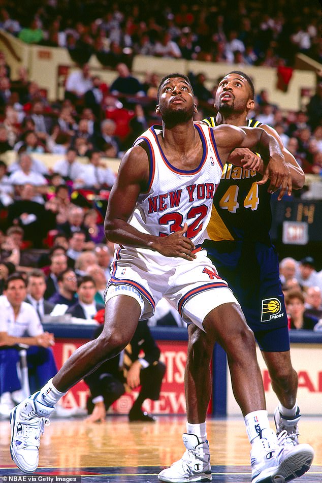 Jerrod Mustaf of the Knicks boxes out against the Pacers at Madison Square Garden in 1993