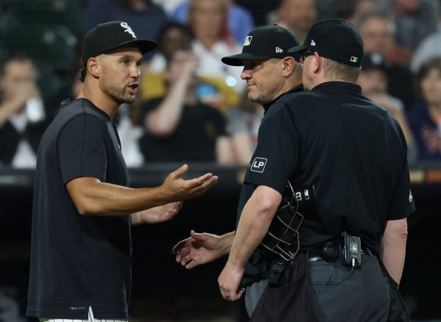 White Sox interim manager Grady Sizemore argues with officials on a hit-by-pitch call in the seventh inning against the Tigers at Guaranteed Rate Field on Aug. 23, 2024. (John J. Kim/Chicago Tribune)