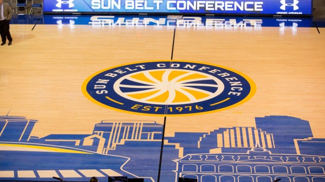 A logo on the court at the Sun Belt Conference basketball tournament.