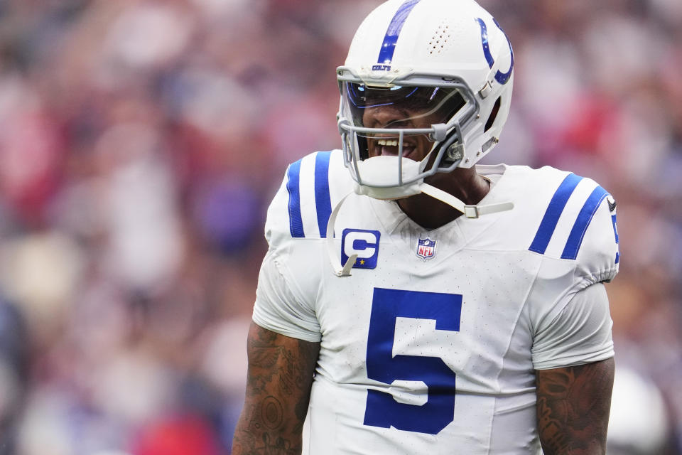 HOUSTON, TX - OCTOBER 27: Anthony Richardson #5 of the Indianapolis Colts celebrates after a play against the Houston Texans during the second half of an NFL football game at NRG Stadium on October 27, 2024 in Houston, Texas. (Photo by Cooper Neill/Getty Images)