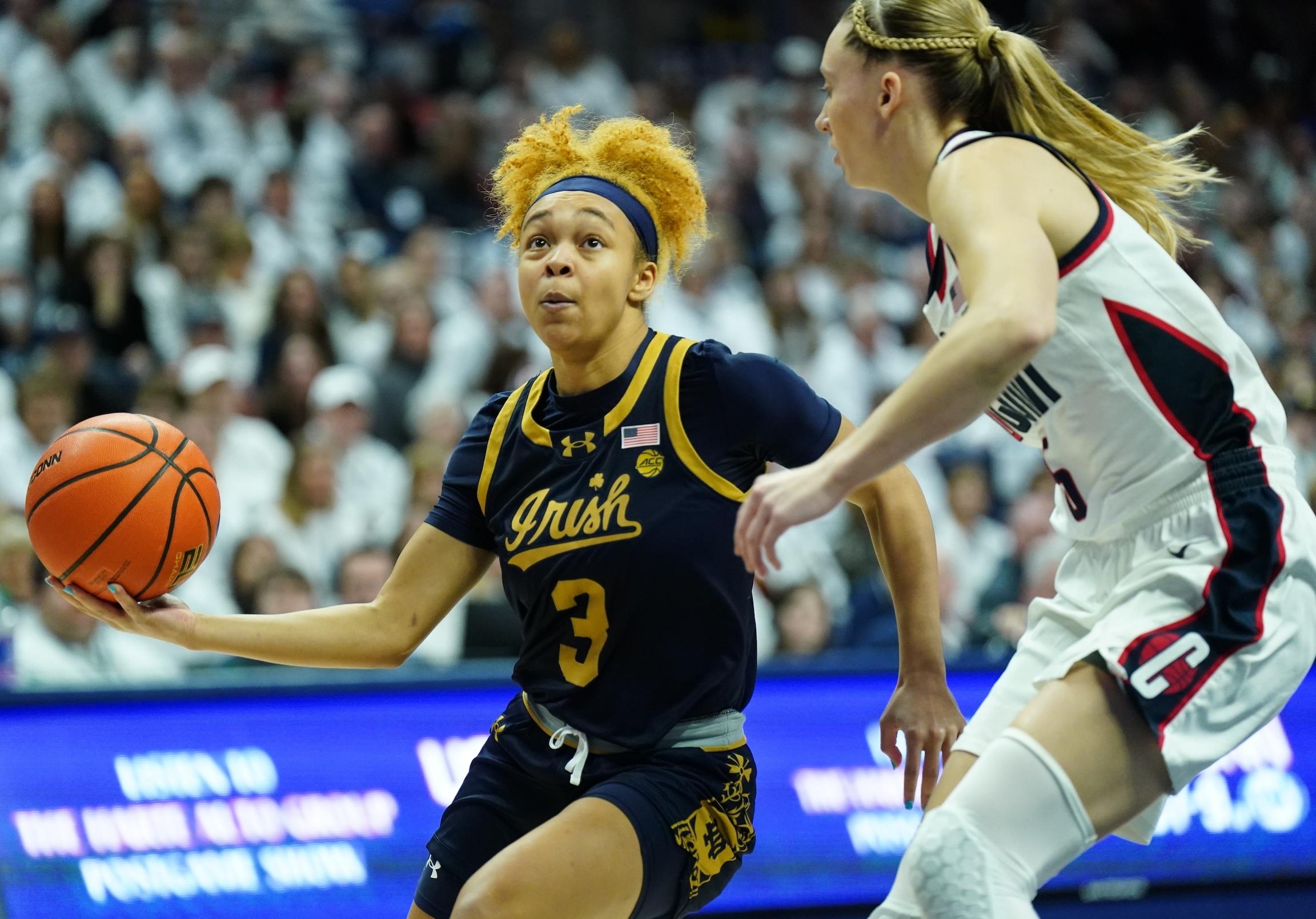 Notre Dame's Hannah Hidalgo and UConn's Paige Bueckers will matchup on Dec. 12th