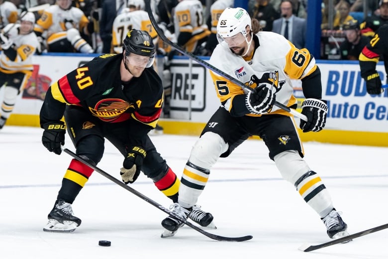 Two hockey players, one wearing black and the other white, vie for a puck on the ice.