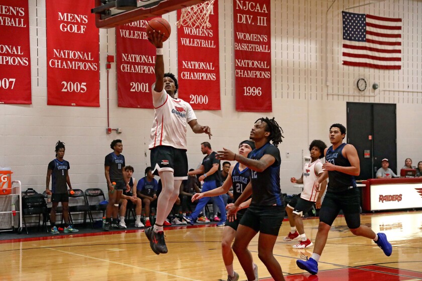 Central Lakes College's Jakobe Jones goes up for a shot during a scrimmage between CLC and Itasca on Monday, Oct. 28, 2024, in Brainerd.