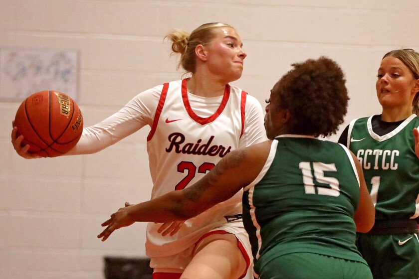 Central Lakes College's Cate Travis passes the ball against St. Cloud on Wednesday, Nov. 6, 2024, at Brainerd.