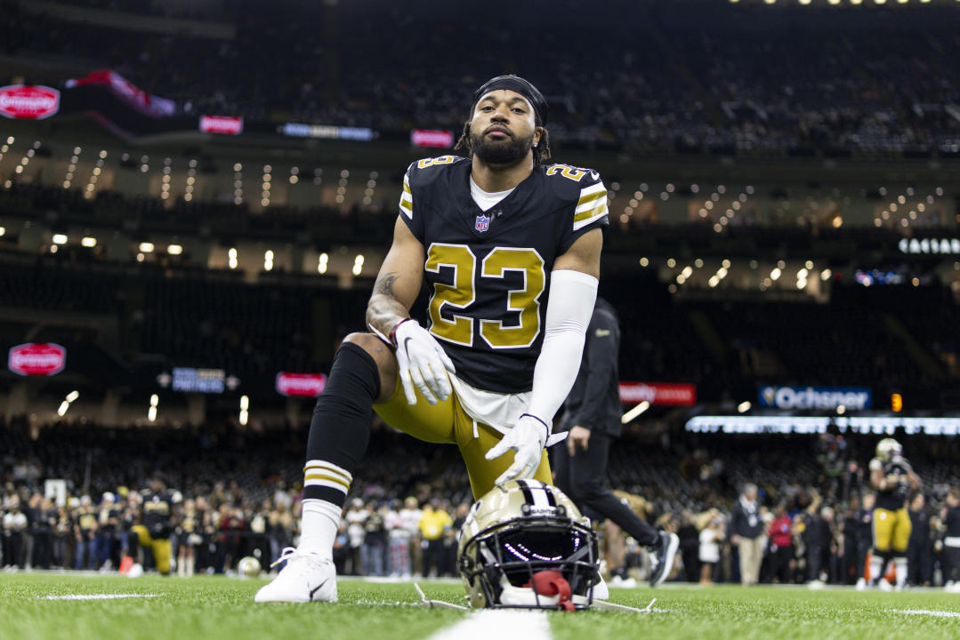 NEW ORLEANS, LOUSIANA - OCTOBER 17: Marshon Lattimore #23 of the New Orleans looks on as he stretches prior to an NFL Football game against the Denver Broncos at Caesars Superdome on October 17, 2024 in New Orleans, Lousiana. (Photo by Michael Owens/Getty Images)