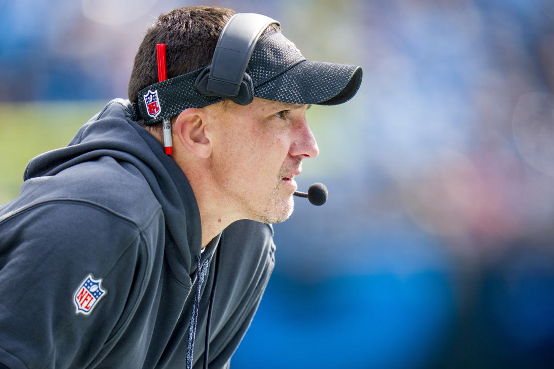 New Orleans Saints head coach Dennis Allen looks on during an NFL football game against the Carolina Panthers on Sunday, Nov. 03, 2024, in Charlotte, N.C. (AP Photo/Rusty Jones)