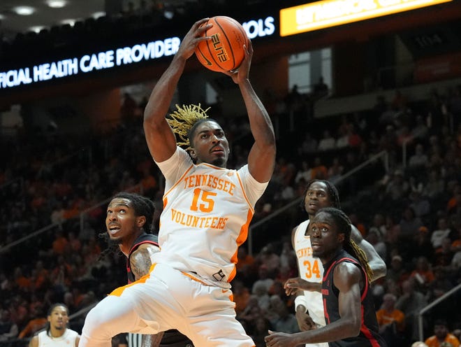 Tennessee guard Jahmai Mashack (15) gets the rebound during an NCAA college basketball game against Gardner-Webb on Monday, Nov. 4, 2024, in Knoxville, Tenn.