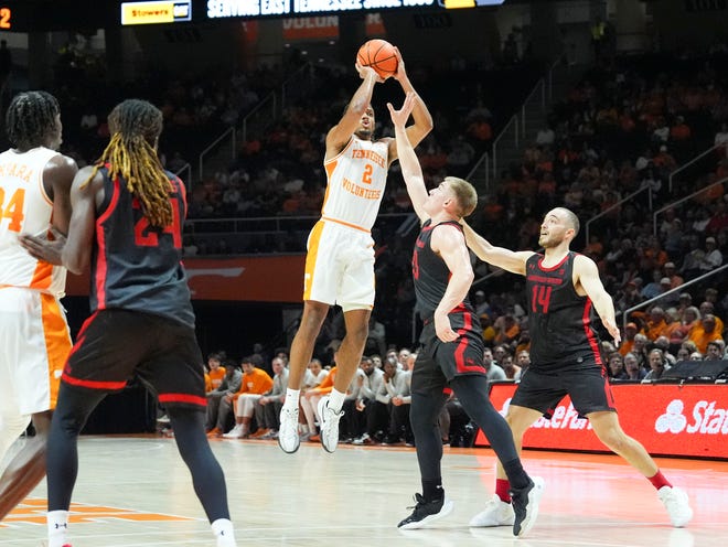 Tennessee guard Chaz Lanier (2) with the 3-point shot during an NCAA college basketball game against Gardner-Webb on Monday, Nov. 4, 2024, in Knoxville, Tenn.