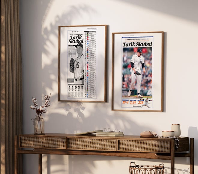 Poster pages celebrating Tarik Skubal's 2024 American League Cy Young Award, from the Detroit Free Press and Pediment.
