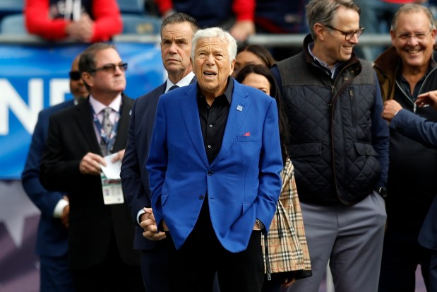 New England Patriots owner Robert Kraft before an NFL football game against the Buffalo Bills, Sunday, Oct. 22, 2023, in Foxborough, Mass. (AP Photo/Michael Dwyer)