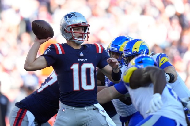 New England Patriots quarterback Drake Maye (10) during the first half of an NFL football game, Sunday, Nov. 17, 2024, in Foxborough, Mass. (AP Photo/Steven Senne)