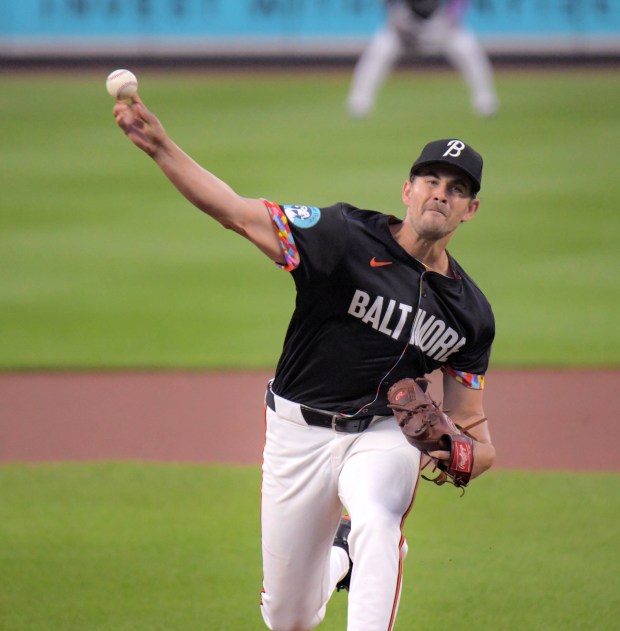 Baltimore Orioles starting pitcher Dean Kremer throws against the Tampa Bay Rays during an AL-East division matchup of major league baseball at Oriole Park at Camden Yards. (Karl Merton Ferron/Staff)