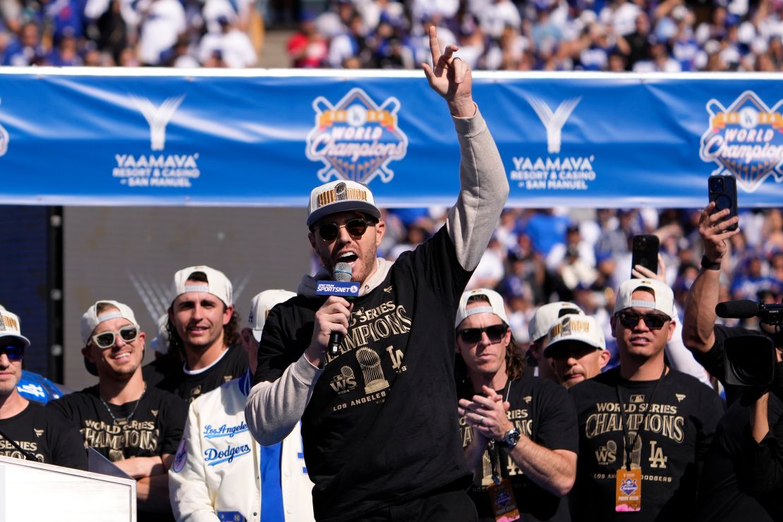 Freddie Freeman spoke to the crowd inside the Dodger Stadium.