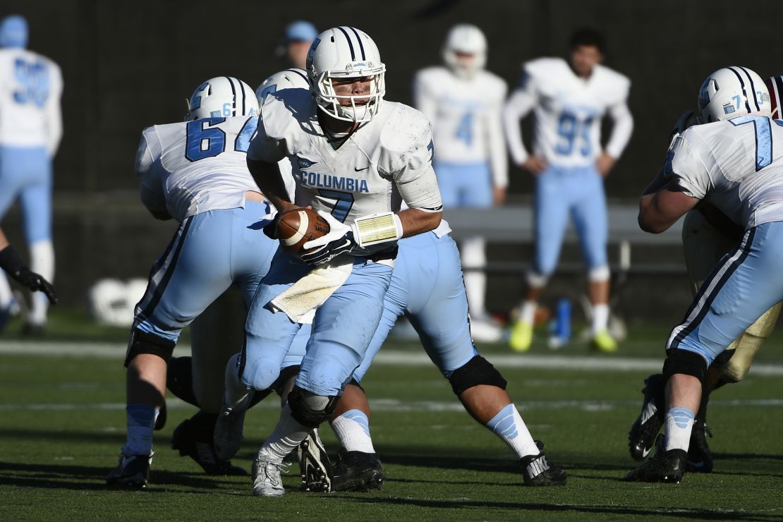 Columbia Lions quarterback Trevor McDonagh (7) prepares to hand off the ball during the team's game against the Harvard Crimson on November 8, 2014