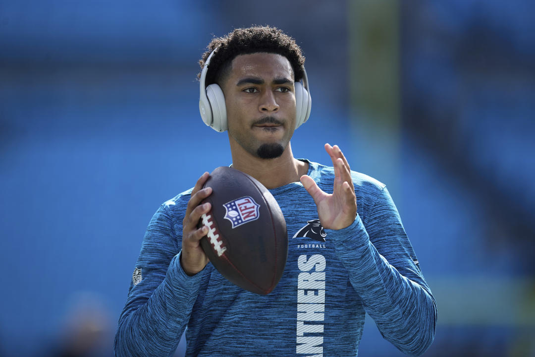 Carolina Panthers quarterback Bryce Young (9) warms up prior to an NFL Football game against the New Orleans Saints, Sunday, Nov. 3, 2024, in Charlotte, N.C. (AP Photo/Brian Westerholt)