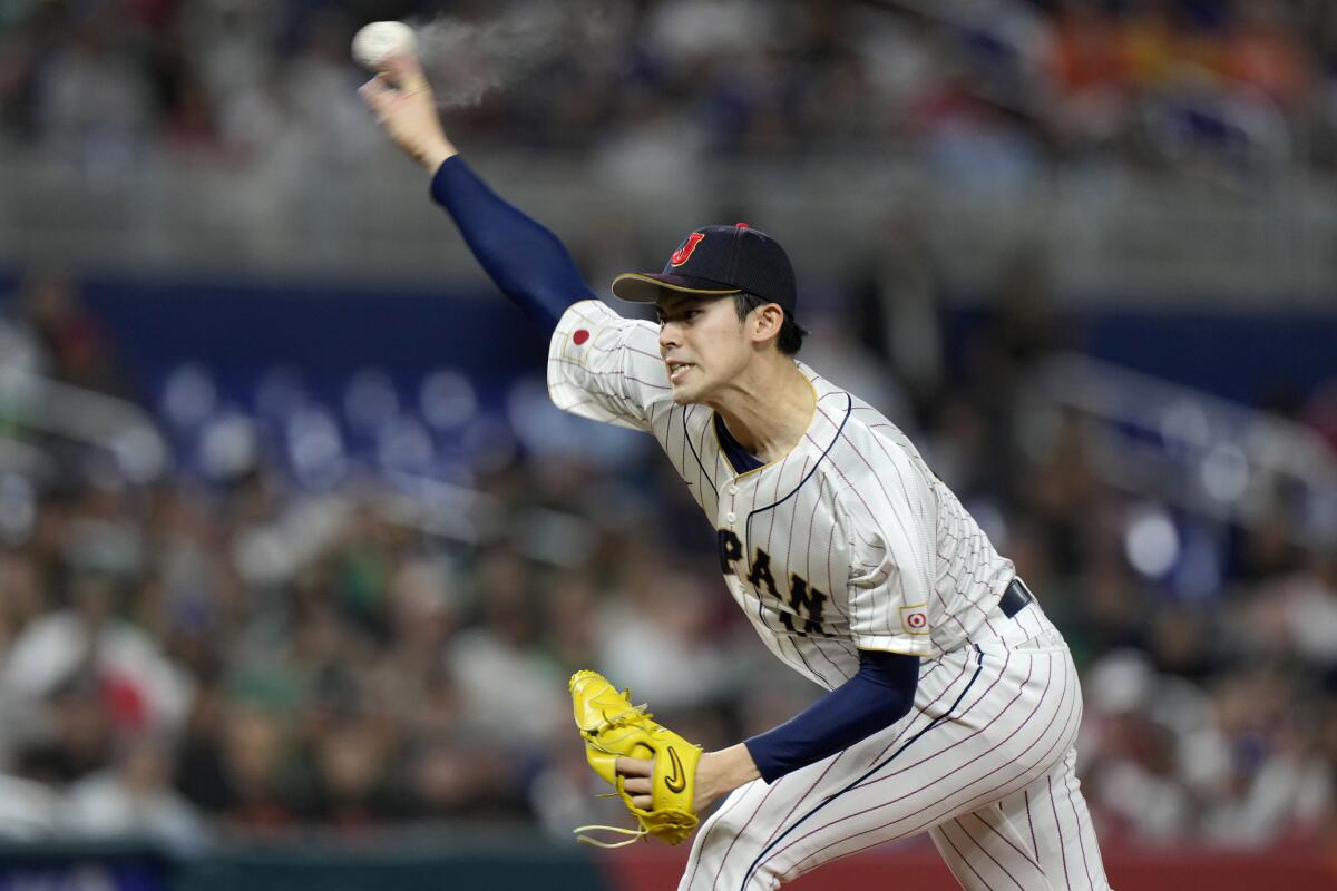 Roki Sasaki delivers for Japan during the 2023 World Baseball Classic.