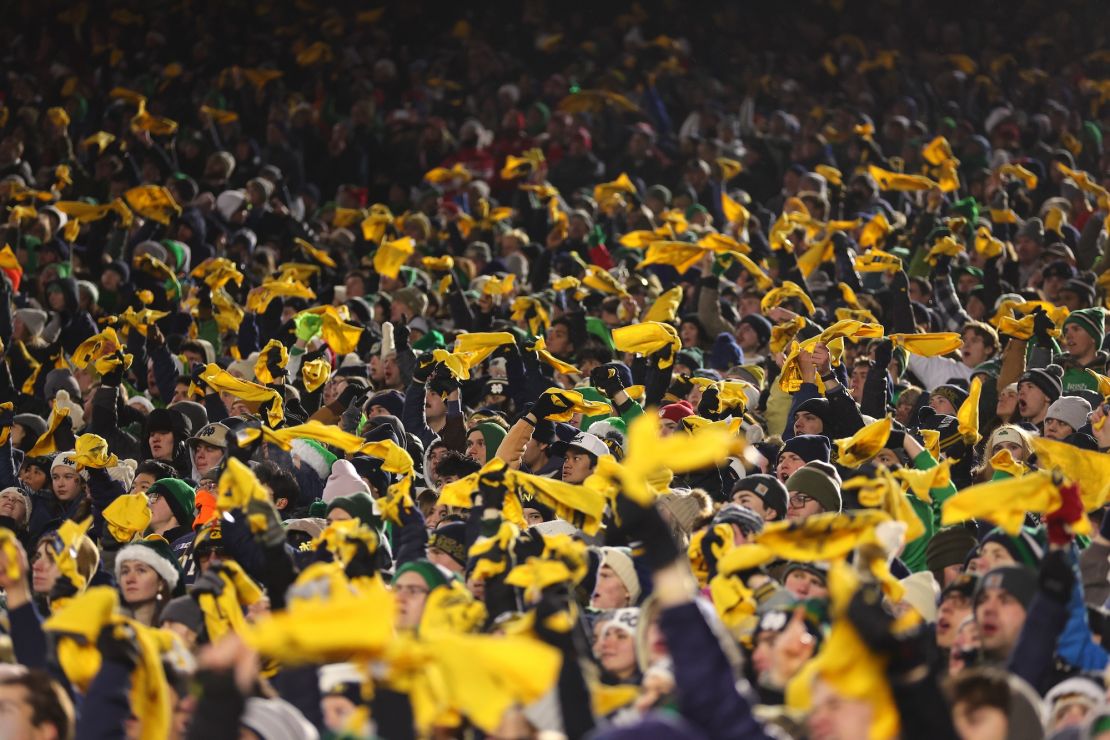 Fighting Irish fans wave towels during the on-campus game against the Hoosiers.