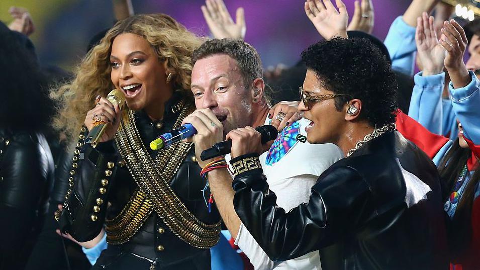 Beyonce, Chris Martin and Bruno Mars perform at the Super Bowl half-time show in 2016