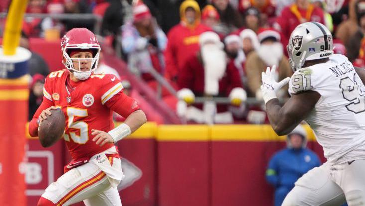 Patrick Mahomes looking to make a pass as the Kansas City Chiefs play the Las Vegas Raiders on Christmas Day in 2023