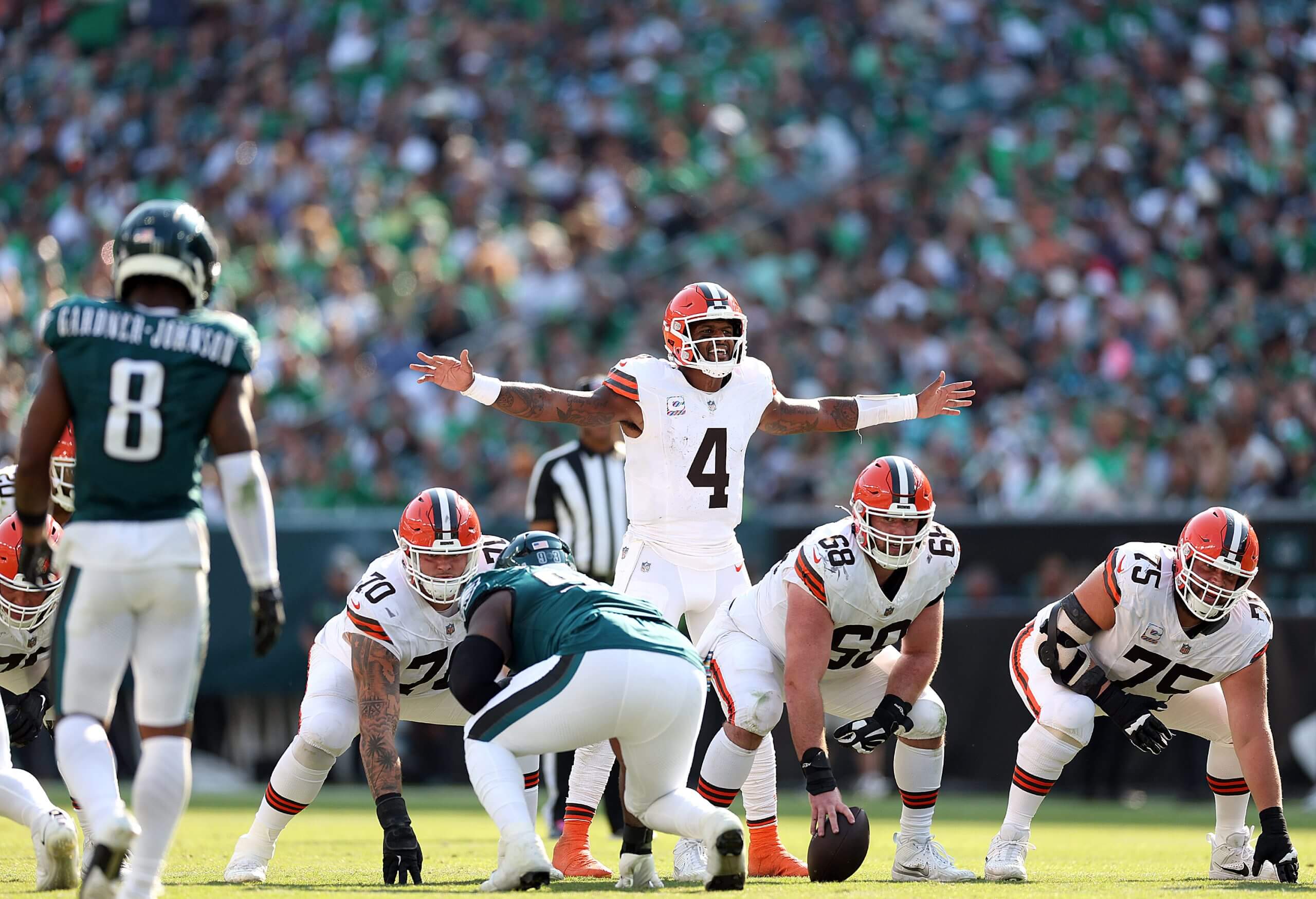 Deshaun Watson of the Cleveland Browns calls a play as they take on the Philadelphia Eagles in the fourth quarter at Lincoln Financial Field on October 13, 2024 in Philadelphia, Pennsylvania.