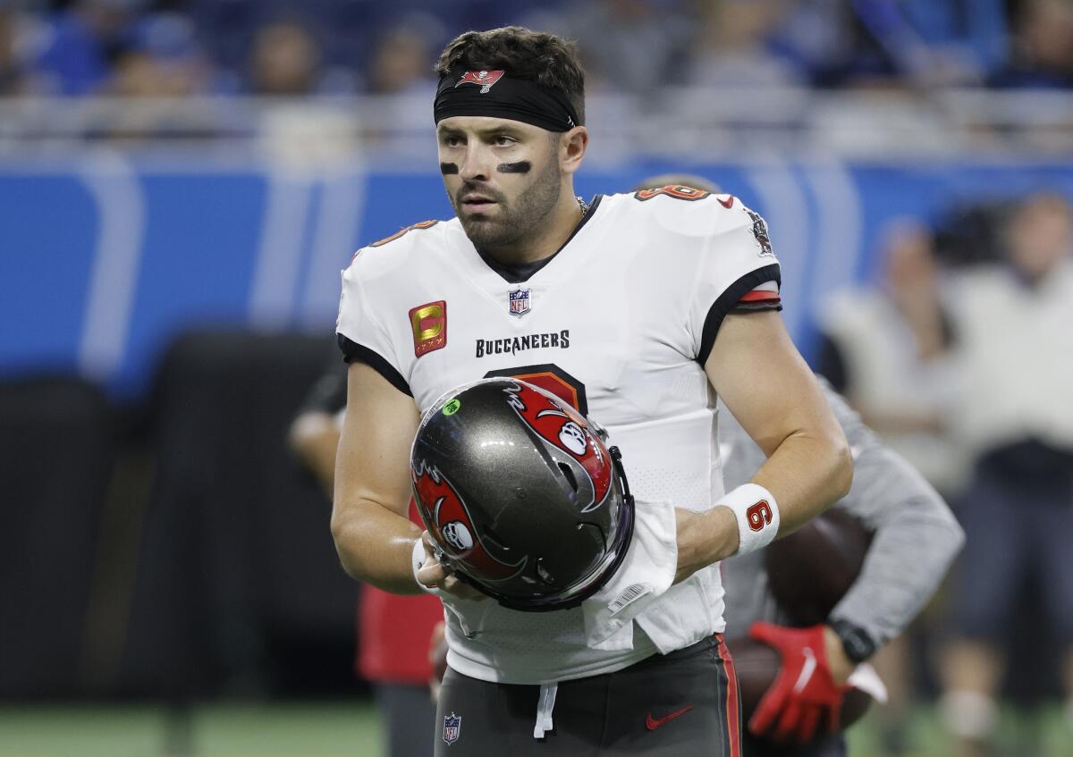 Tampa Bay Buccaneers quarterback Baker Mayfield before a game against the Detroit Lions.