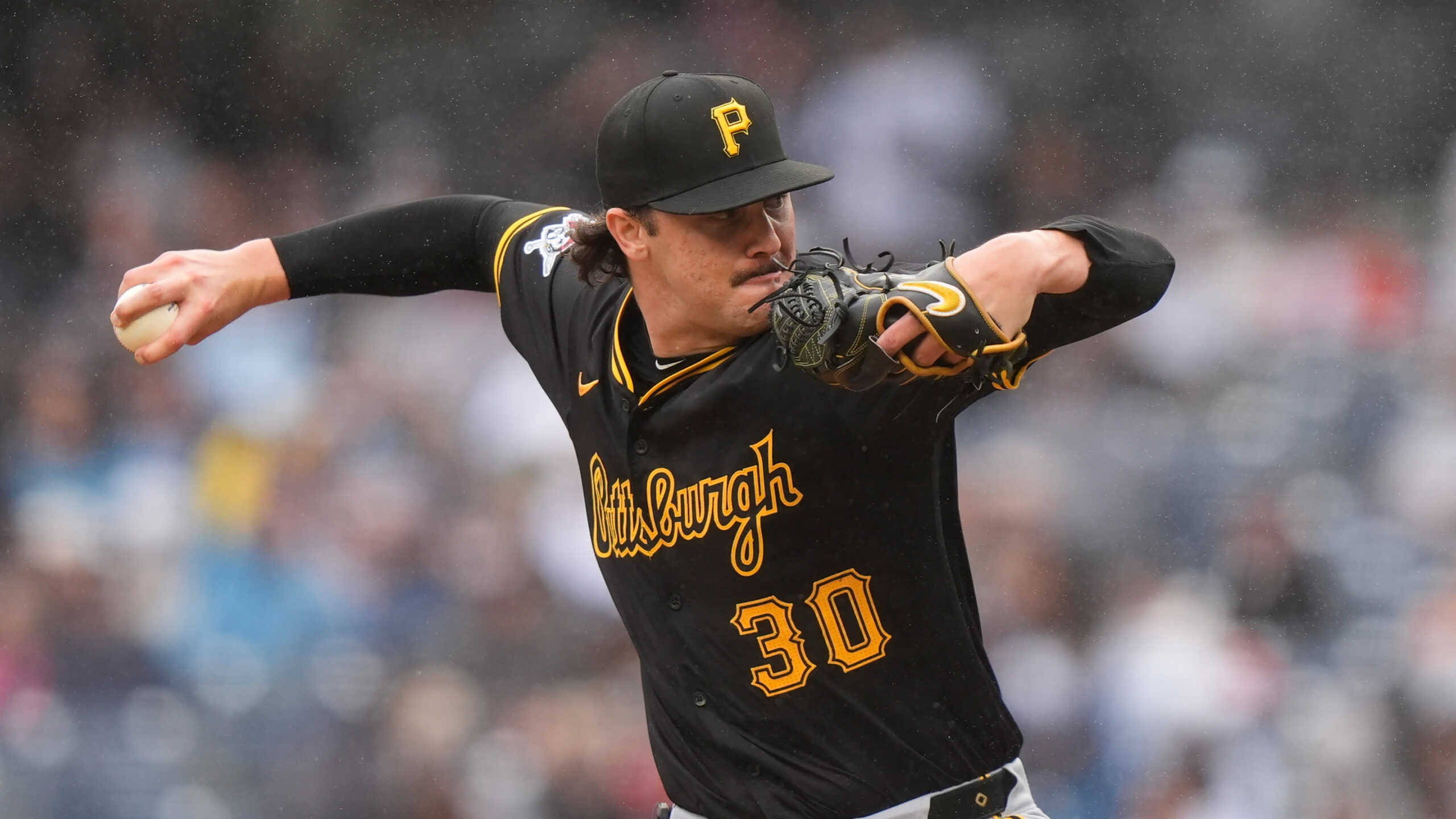 Pittsburgh Pirates pitcher Paul Skenes (30) pitches during the second inning of a baseball game against the New York Yankees, Sept. 28, 2024, in New York.