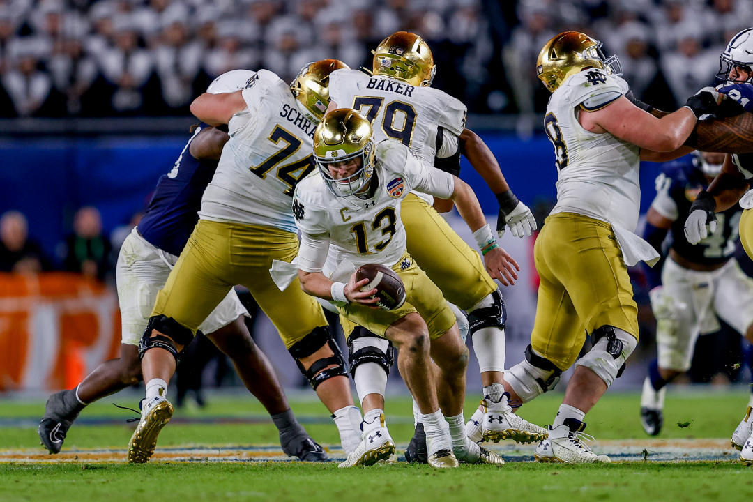 MIAMI GARDENS, FL - JANUARY 09: Quarterback Riley Leonard #13 of the Notre Dame Fighting Irish in action during the game between the Penn State Nittany Lions versus Notre Dame Fighting Irish College Football Playoff Semifinal at the Capital One Orange Bowl on January 9, 2025, at Hard Rock Stadium in Miami Gardens, FL.(Photo by Chris Arjoon/Icon Sportswire via Getty Images)