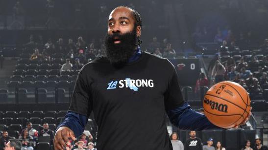 LA Clippers player James Harden wears a t-shirt saying LA Strong ahead of Monday's game
