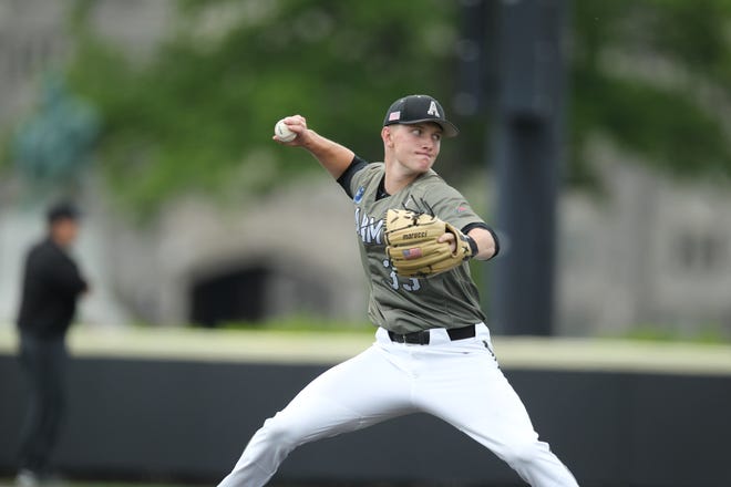 Justin Lehman '25 of Hopedale, Mass., pitches for Army baseball. ARMY ATHLETICS