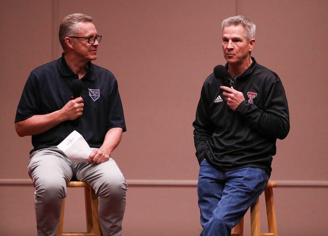 Texas Tech head coach Tim Tadlock speaks with Mike Gustafson during the College Baseball Foundation's First Pitch Luncheon, Thursday, Jan. 23, 2025, at the Lubbock Civic Center.